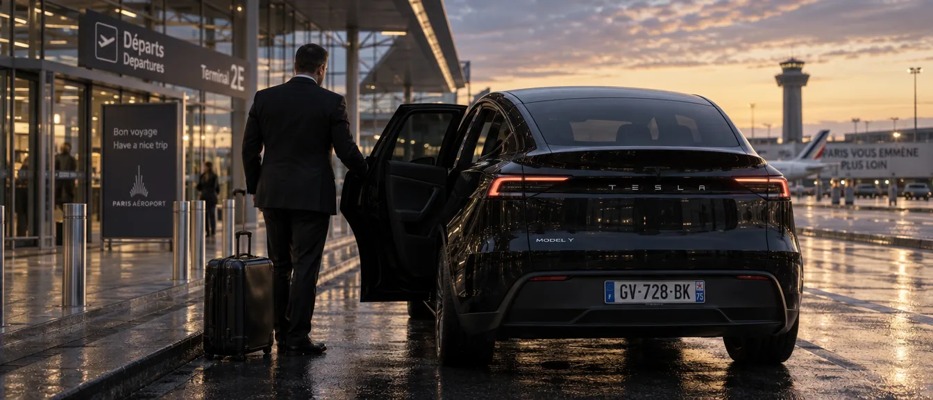 Chauffeur en costume ouvrant la portière arrière d’une Tesla Model Y noire devant le terminal des départs d’un aéroport parisien, à l’aube